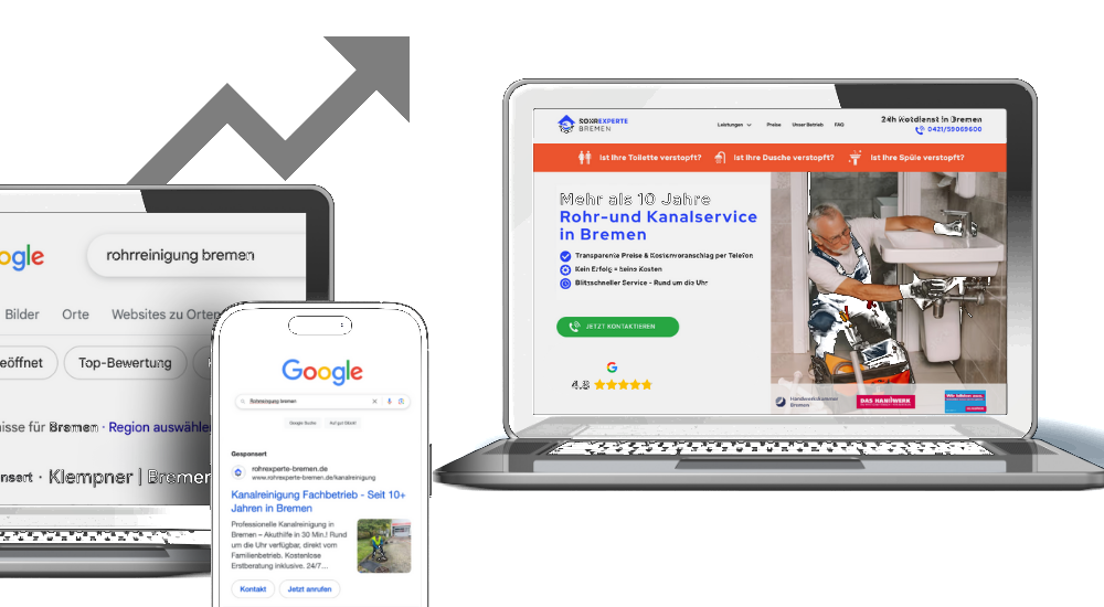 Website und Suchergebnisse von Rohrexperte Bremen auf Laptop und Smartphone